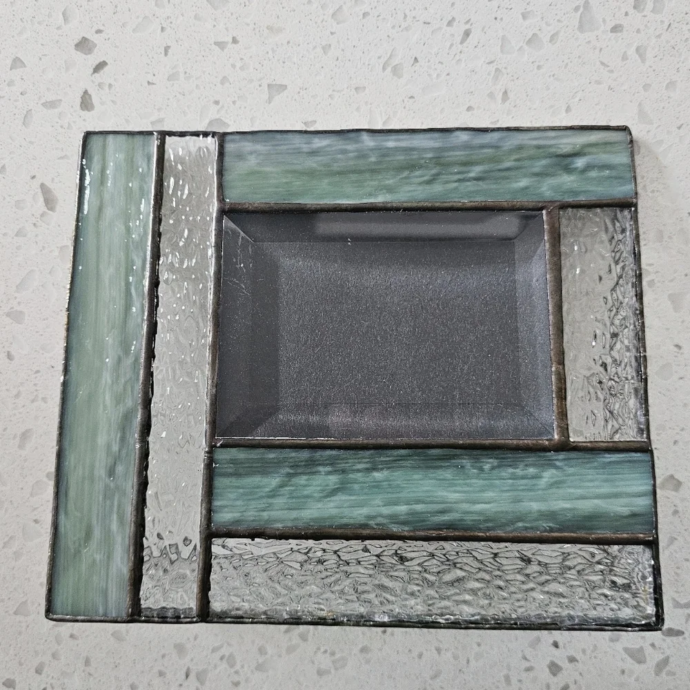 Vintage J. Devlin Stained Glass Jade Green and Silver Tone Metal Photo Frame